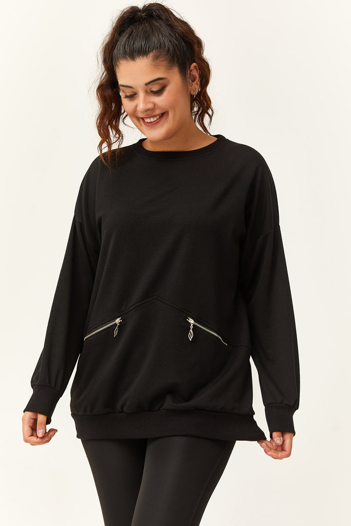 Kadın Büyük Beden Fermuarlı Cep Detaylı Basic Siyah Sweatshirt