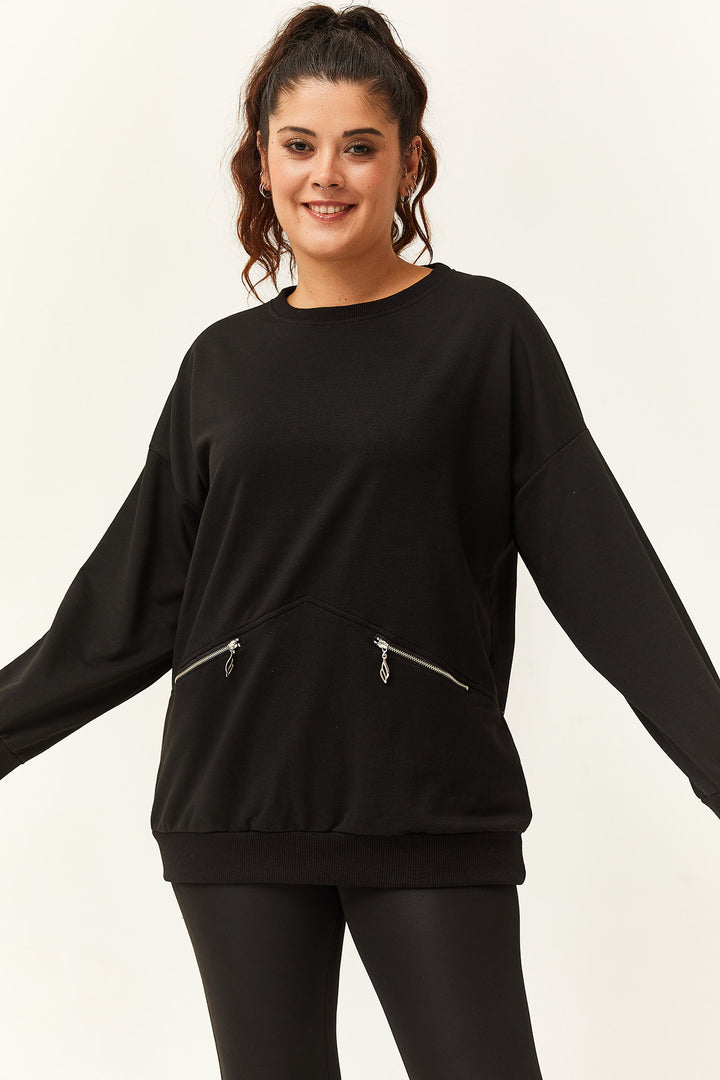 Kadın Büyük Beden Fermuarlı Cep Detaylı Basic Siyah Sweatshirt