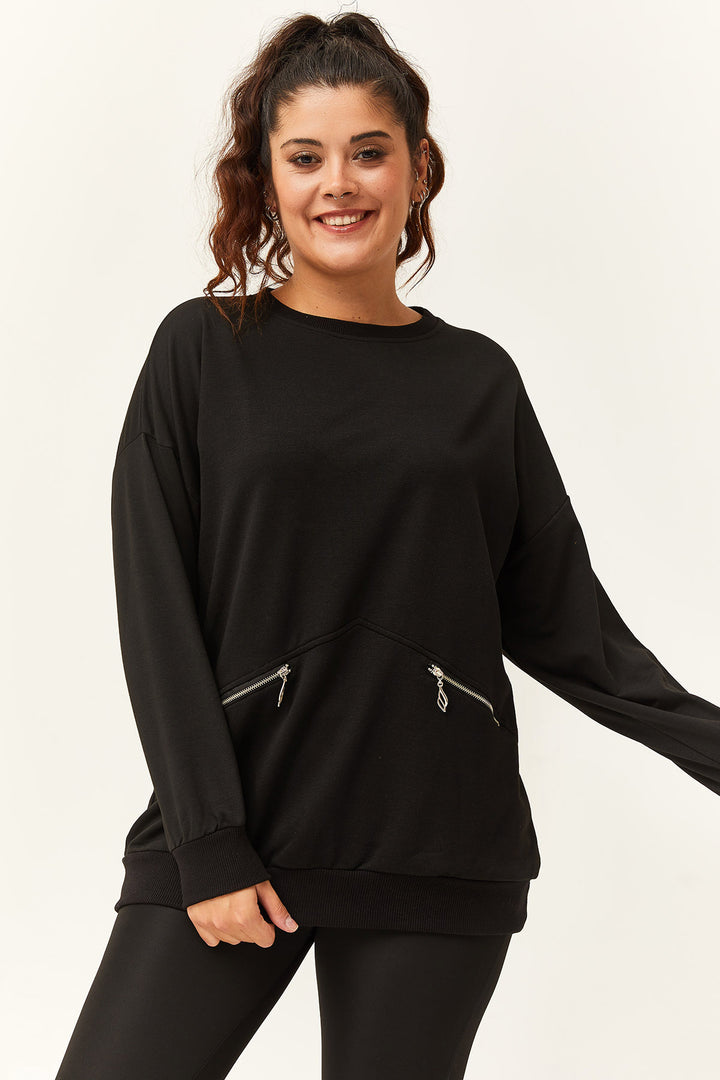 Kadın Büyük Beden Fermuarlı Cep Detaylı Basic Siyah Sweatshirt