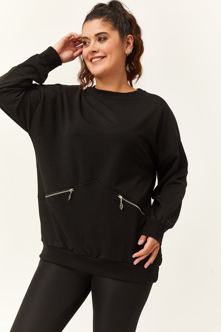 Kadın Büyük Beden Fermuarlı Cep Detaylı Basic Siyah Sweatshirt