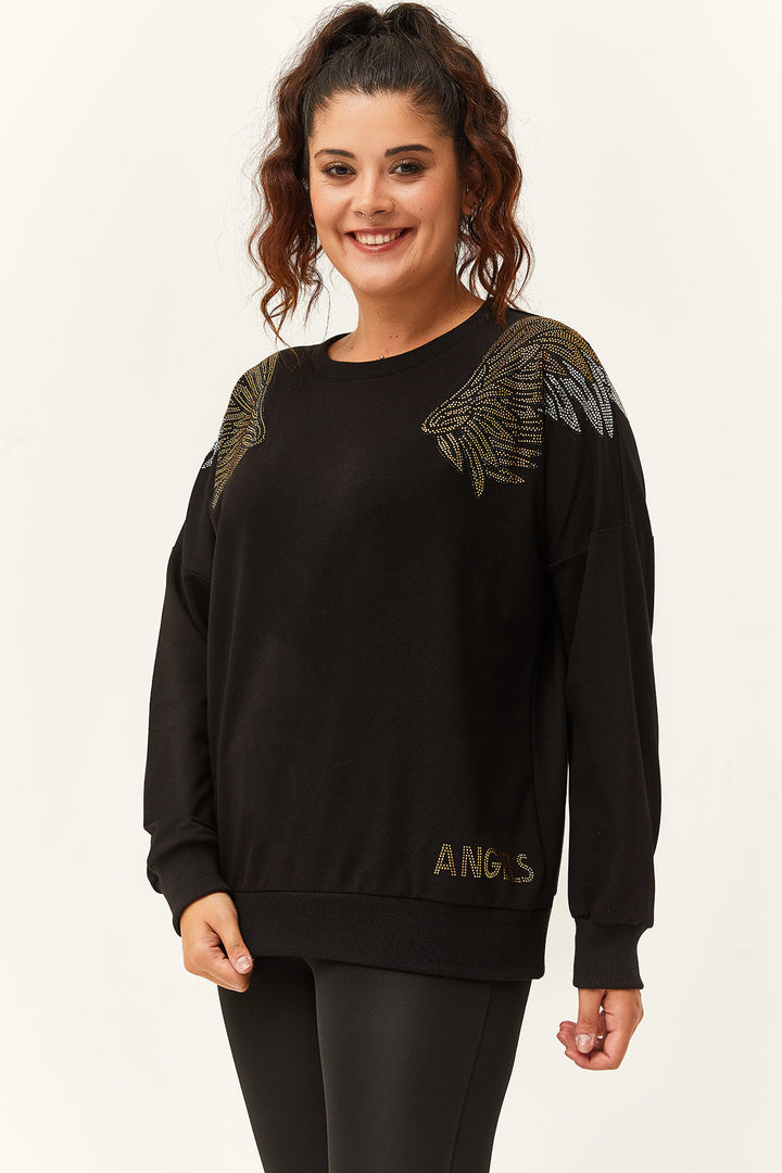 Kadın Büyük Beden Angels Taş Baskılı Siyah Sweatshirt