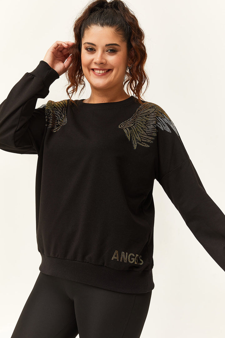 Kadın Büyük Beden Angels Taş Baskılı Siyah Sweatshirt