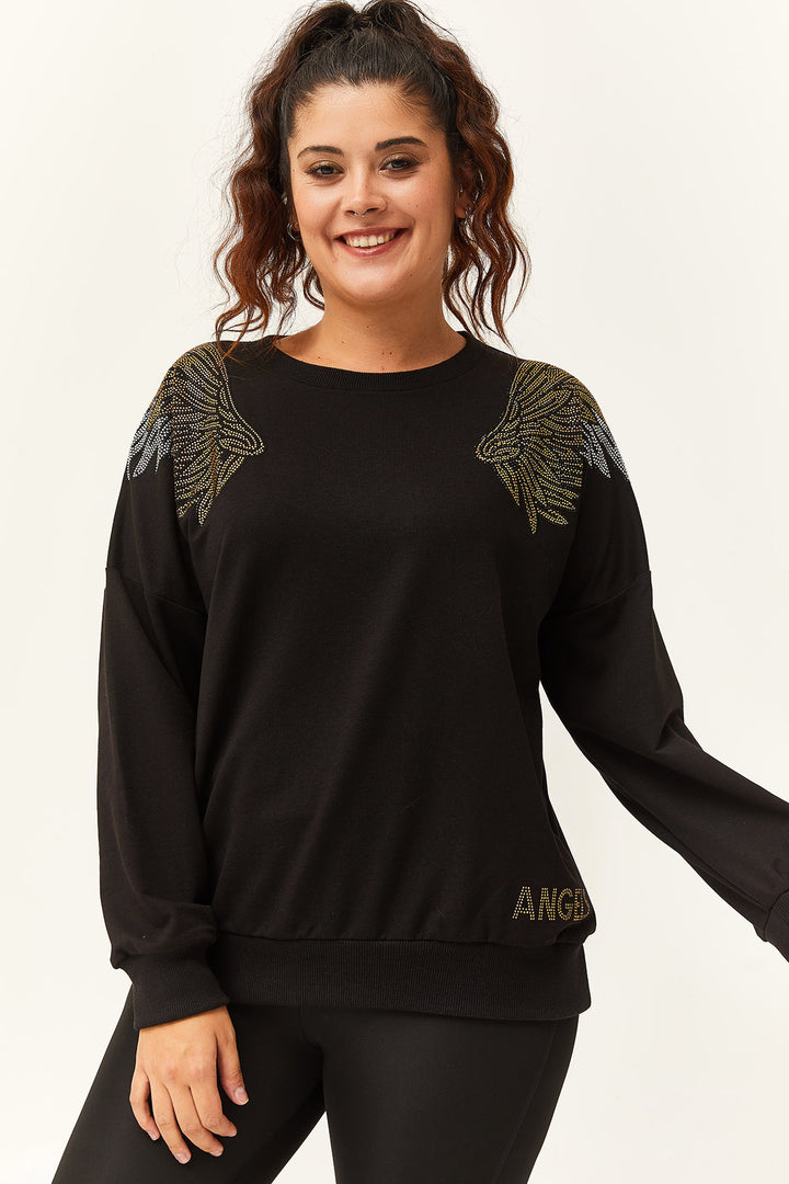 Kadın Büyük Beden Angels Taş Baskılı Siyah Sweatshirt