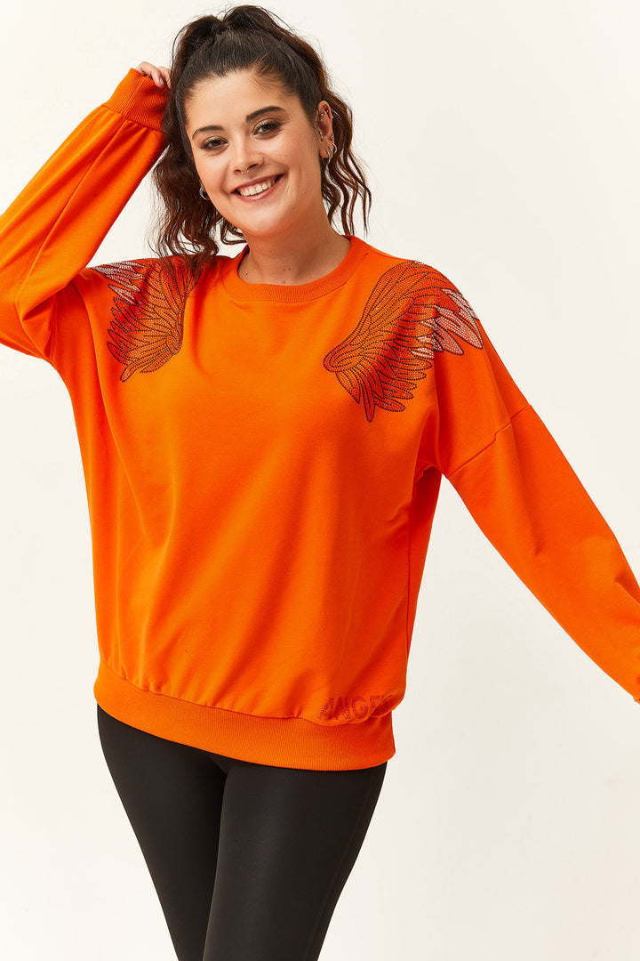 Kadın Büyük Beden Angels Taş Baskılı Turuncu Sweatshirt