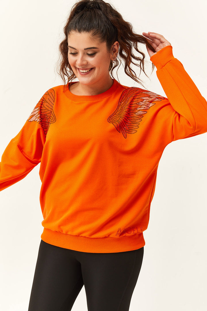 Kadın Büyük Beden Angels Taş Baskılı Turuncu Sweatshirt