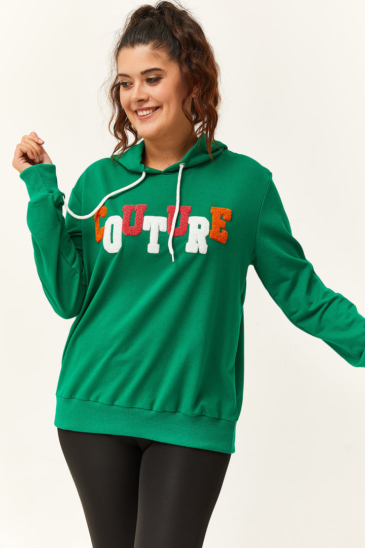Kadın Büyük Beden Couture Yazılı Yeşil Sweatshirt