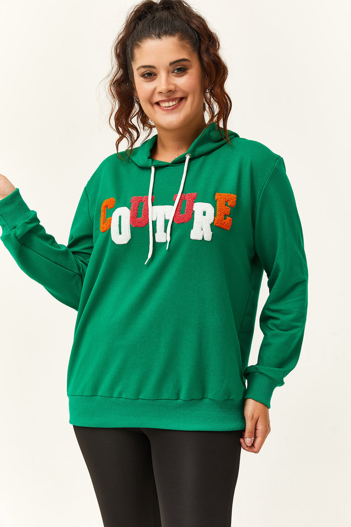 Kadın Büyük Beden Couture Yazılı Yeşil Sweatshirt