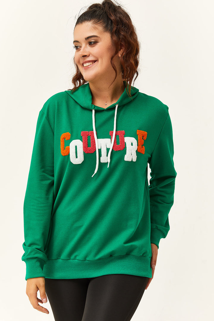 Kadın Büyük Beden Couture Yazılı Yeşil Sweatshirt