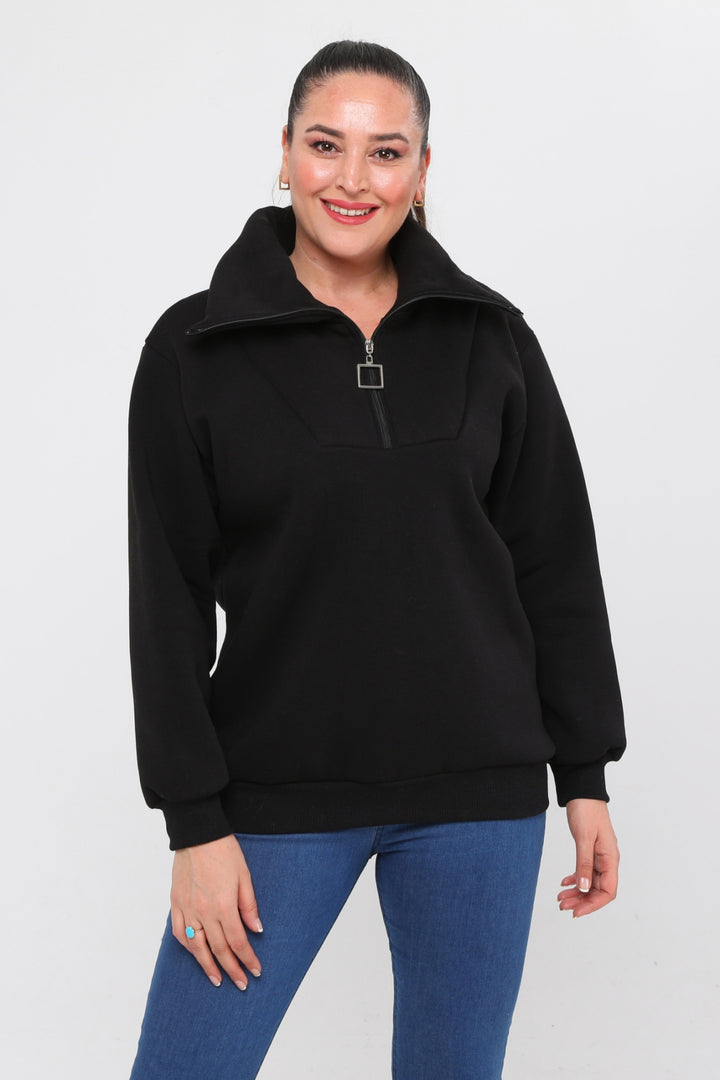 Kadın Büyük Beden Dik Yakalı Ve Fermuar Detaylı Basic Siyah Sweatshirt