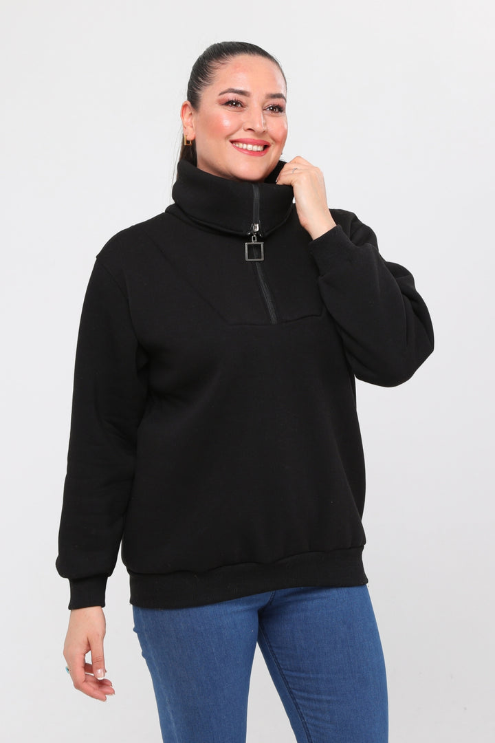 Kadın Büyük Beden Dik Yakalı Ve Fermuar Detaylı Basic Siyah Sweatshirt