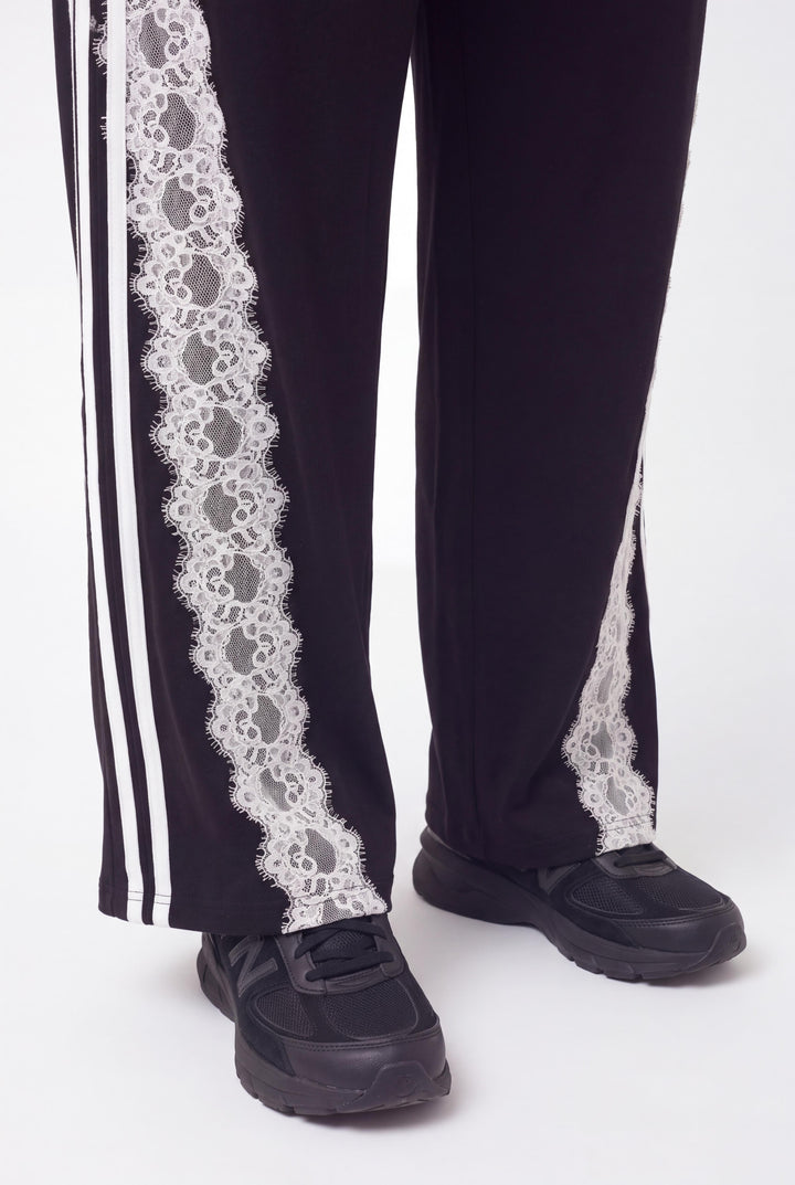 Kadın Büyük Beden Dantel Şerit Detaylı Kapüşonlu Siyah Eşofman Takımı