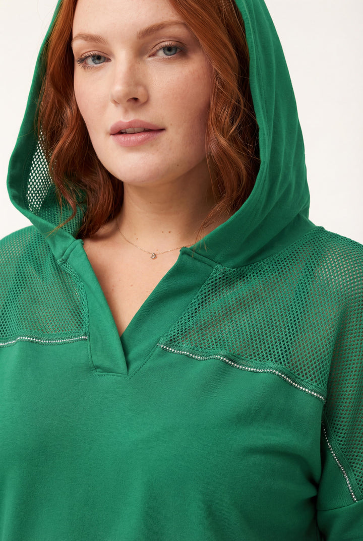 Kadın Büyük Beden File Detaylı Kapüşonlu Yeşil Sweatshirt