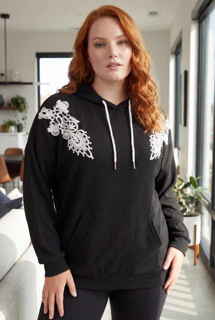 Kadın Büyük Beden Fitilli Örme Dantel Detaylı Siyah Sweatshirt