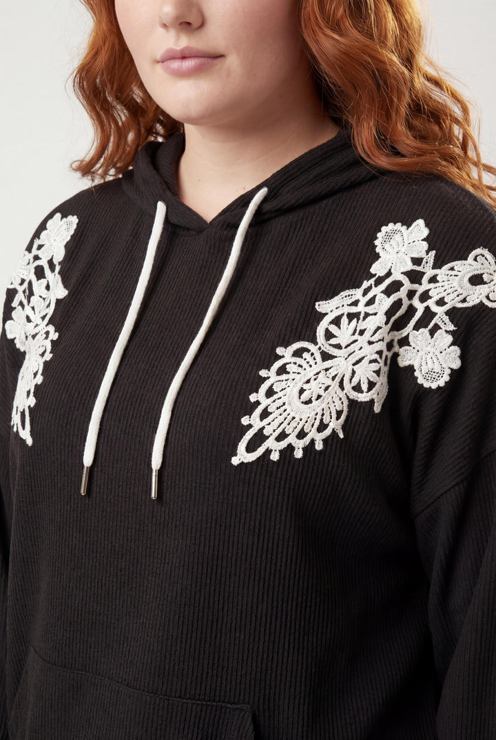 Kadın Büyük Beden Fitilli Örme Dantel Detaylı Siyah Sweatshirt