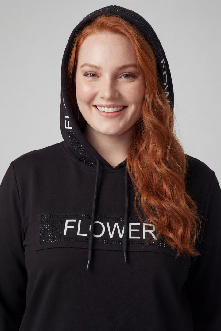 Kadın Büyük Beden Flower Yazı Ve Taş Desenli Siyah Eşofman Takımı