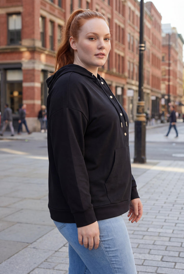 Kadın Büyük Beden Kanguru Cepli Basic Siyah Sweatshirt