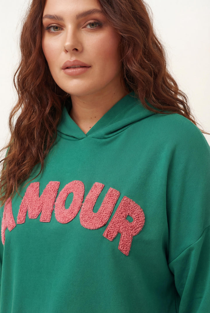 Kadın Büyük Beden Kapüşonlu Amour Yazılı Yeşil Eşofman Takımı