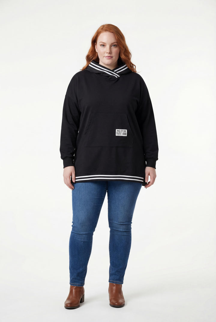 Kadın Büyük Beden Kapüşonlu Siyah Beyaz Ribana Detaylı Siyah Sweatshirt