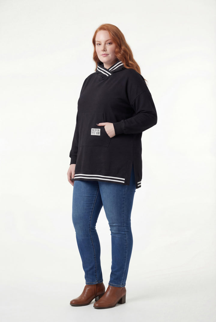 Kadın Büyük Beden Kapüşonlu Siyah Beyaz Ribana Detaylı Siyah Sweatshirt