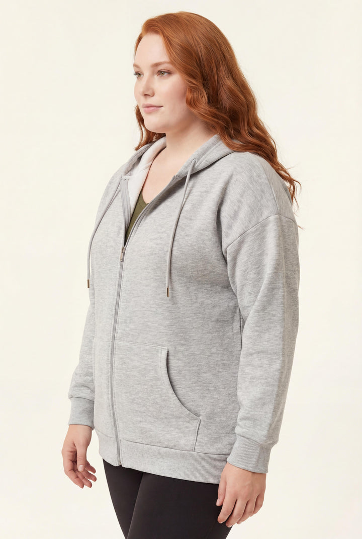 Kadın Büyük Beden Şardonlu Fermuarlı Kalın Gri Sweatshirt