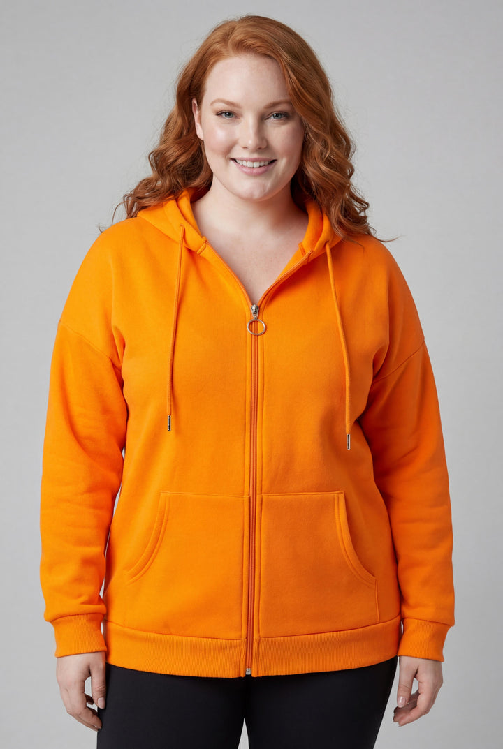 Kadın Büyük Beden Şardonlu Fermuarlı Kalın Turuncu Sweatshirt