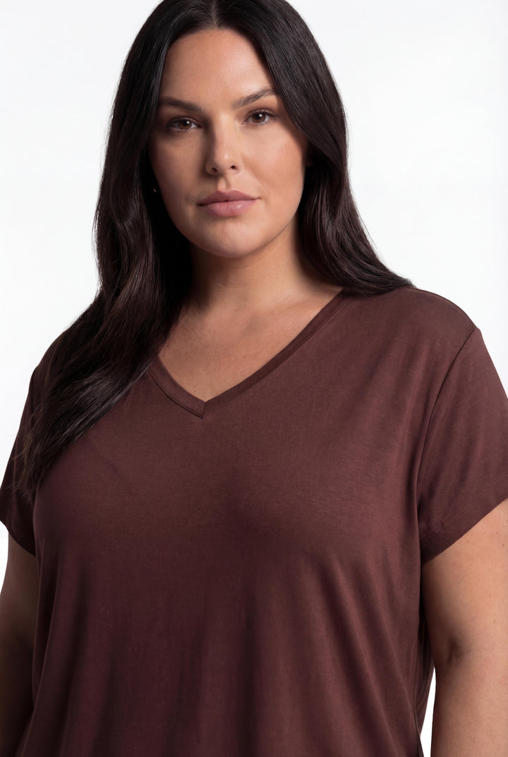 Kadın Büyük Beden V Yaka Basic Kısa Kollu Koyu Kahve T-Shirt, 9XL'e Kadar Beden Seçeneği