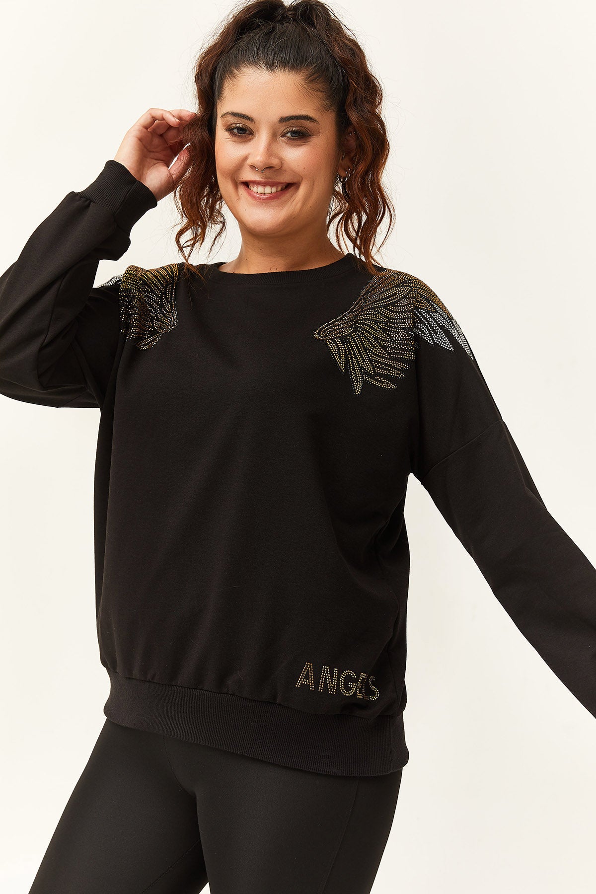 Kadın Büyük Beden Angels Taş Baskılı Siyah Sweatshirt