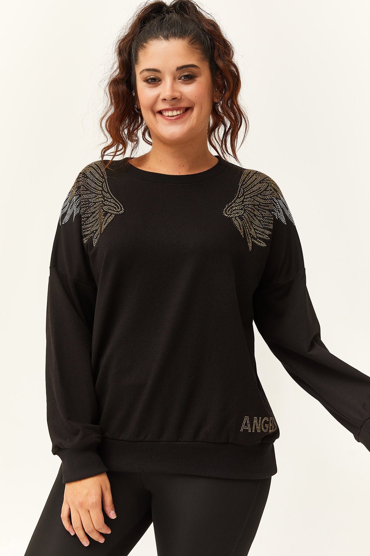 Kadın Büyük Beden Angels Taş Baskılı Siyah Sweatshirt