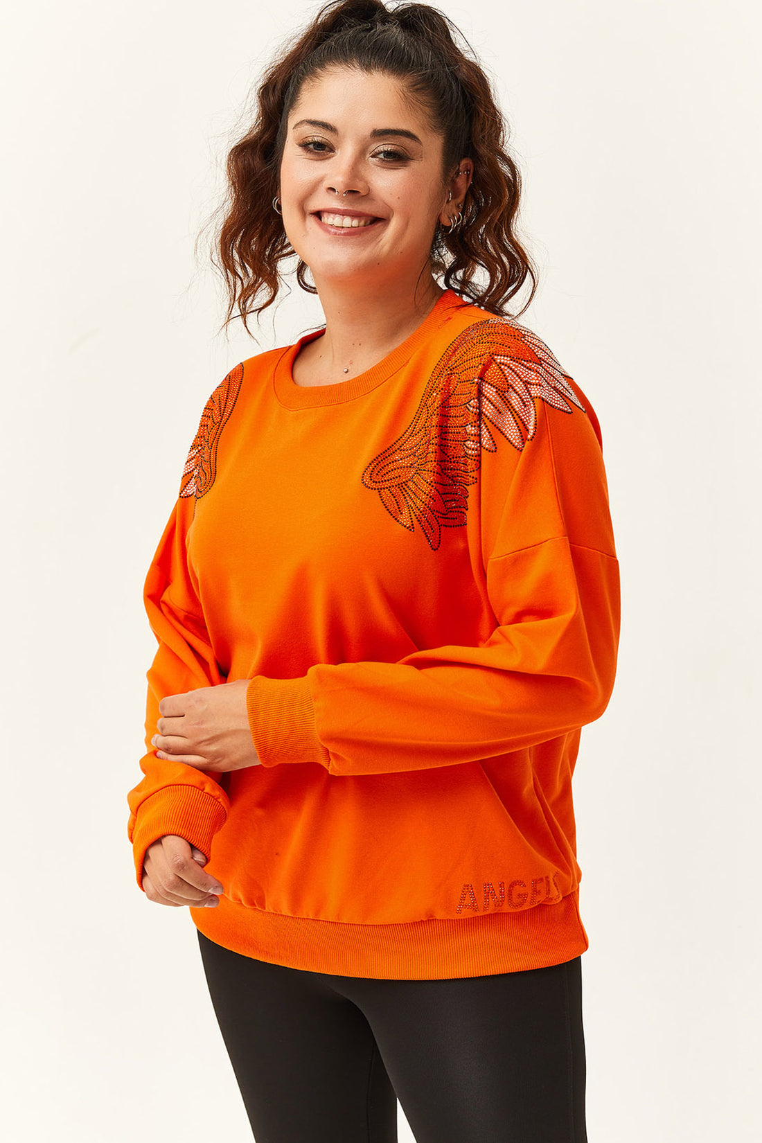 Kadın Büyük Beden Angels Taş Baskılı Turuncu Sweatshirt