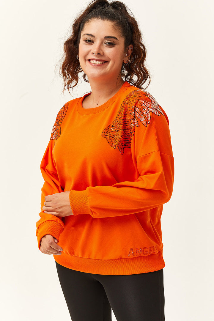 Kadın Büyük Beden Angels Taş Baskılı Turuncu Sweatshirt