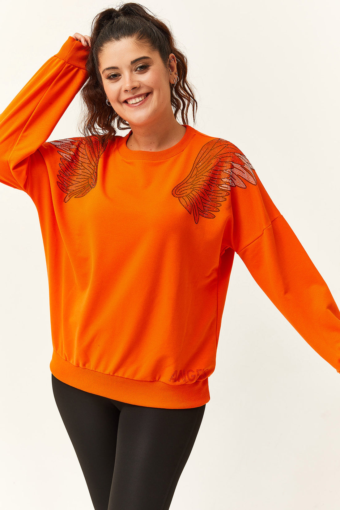 Kadın Büyük Beden Angels Taş Baskılı Turuncu Sweatshirt