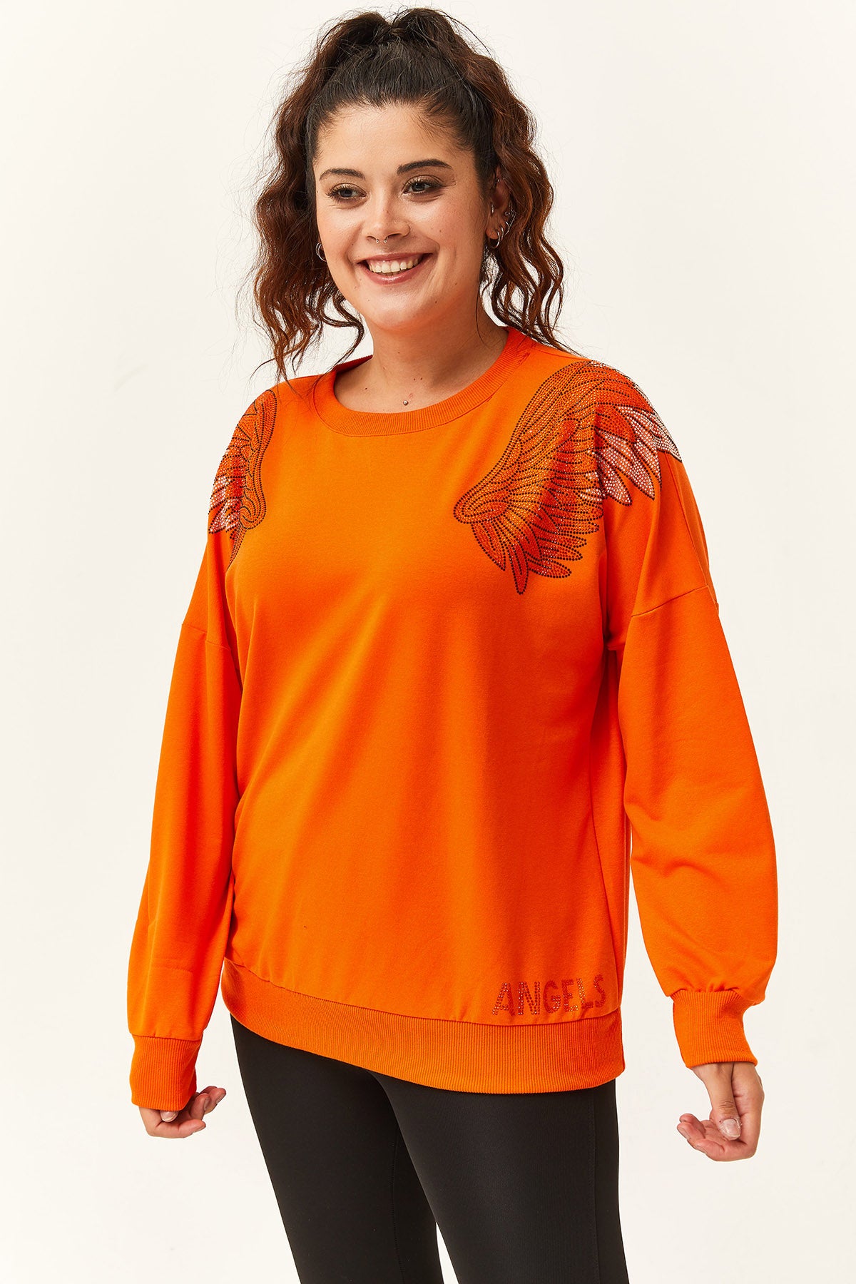 Kadın Büyük Beden Angels Taş Baskılı Turuncu Sweatshirt