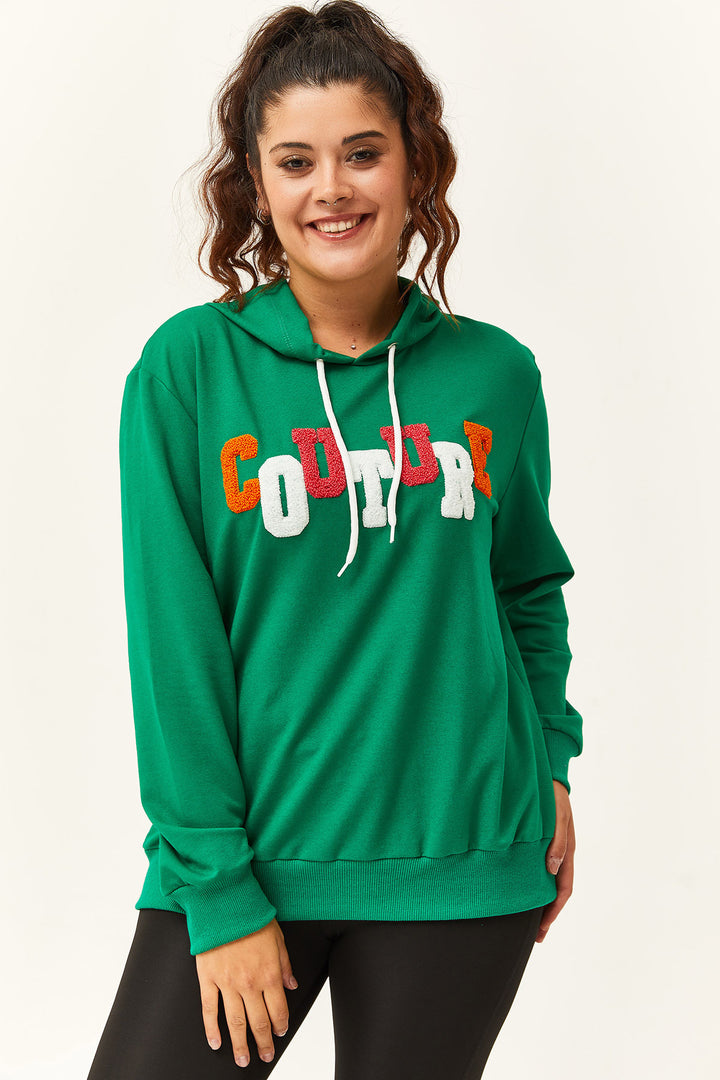 Kadın Büyük Beden Couture Yazılı Yeşil Sweatshirt