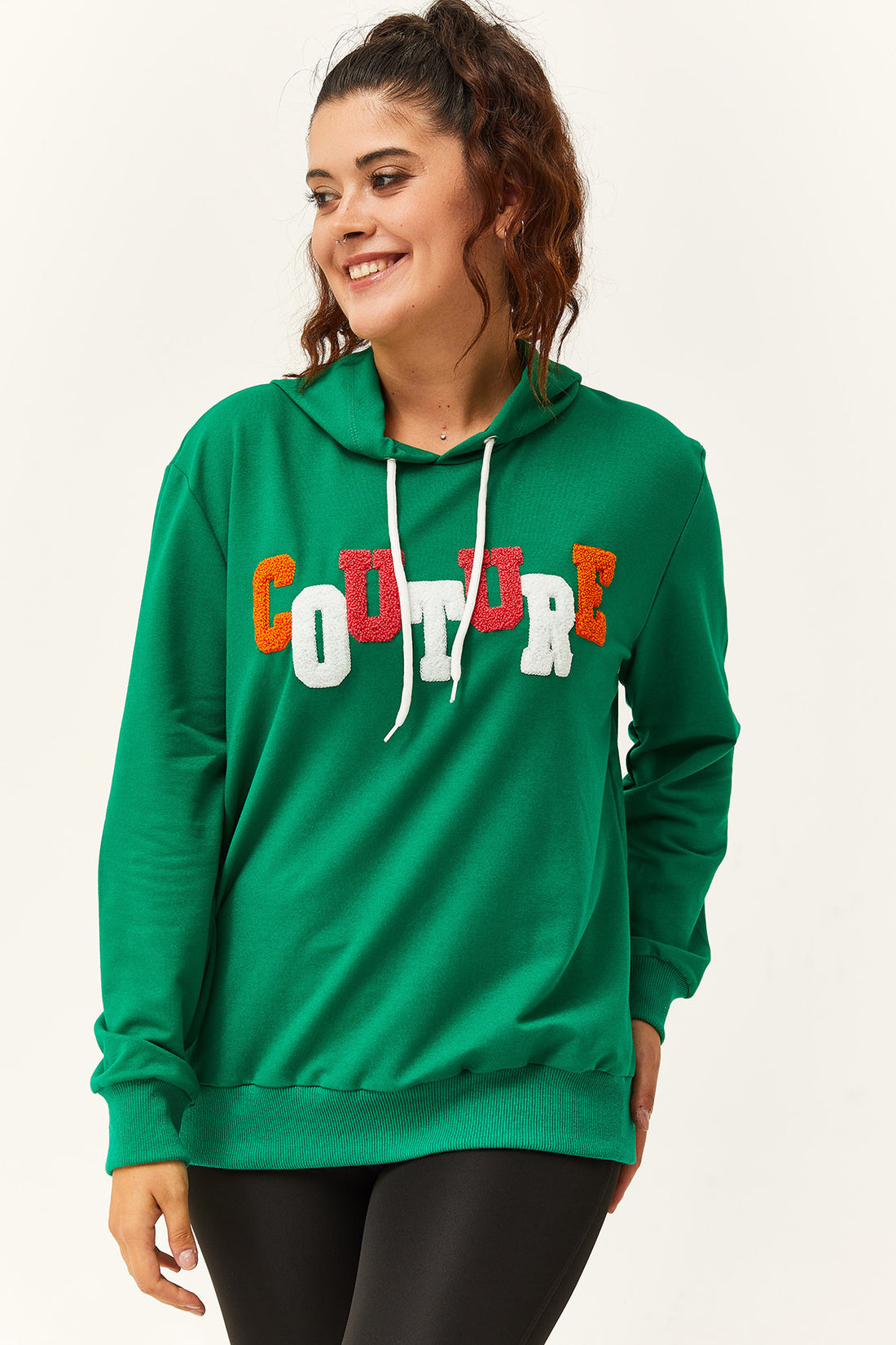 Kadın Büyük Beden Couture Yazılı Yeşil Sweatshirt