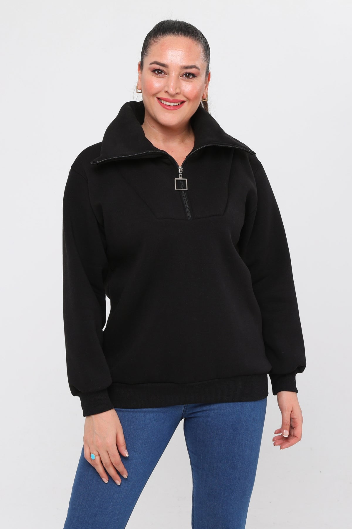 Kadın Büyük Beden Dik Yakalı Ve Fermuar Detaylı Basic Siyah Sweatshirt
