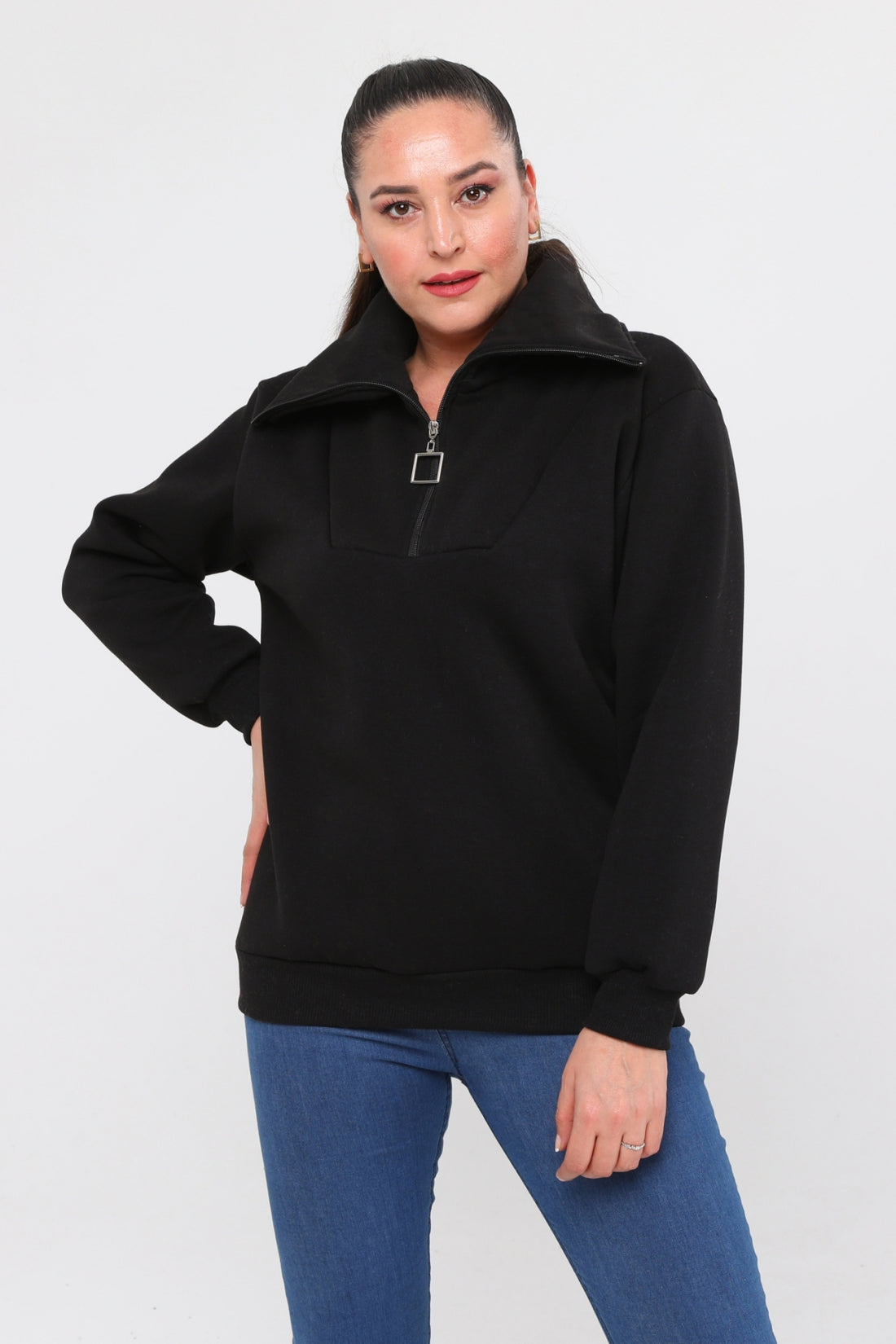 Kadın Büyük Beden Dik Yakalı Ve Fermuar Detaylı Basic Siyah Sweatshirt