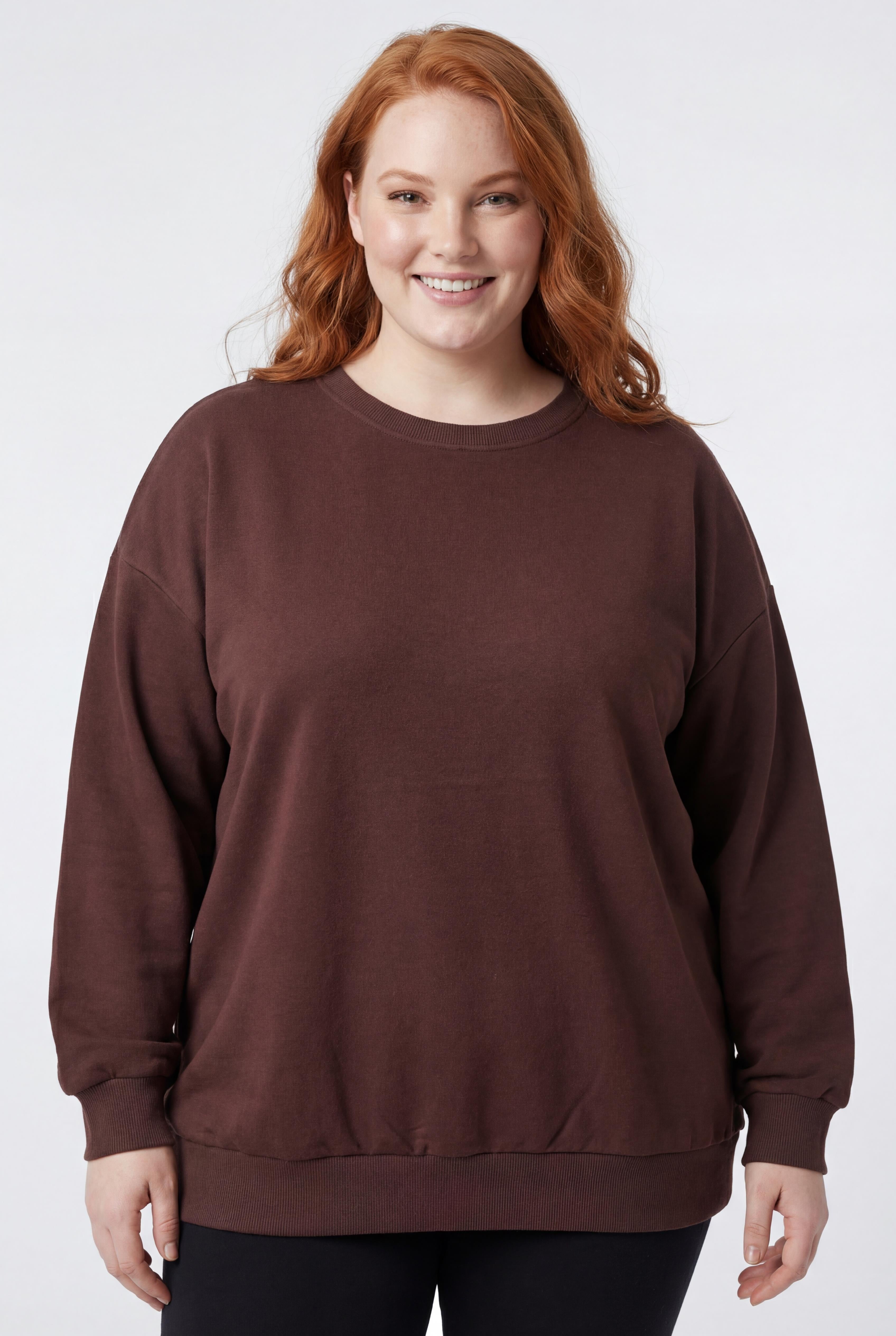 Kadın Büyük Beden Basıc Şardonlu Kahverengi Sweatshirt