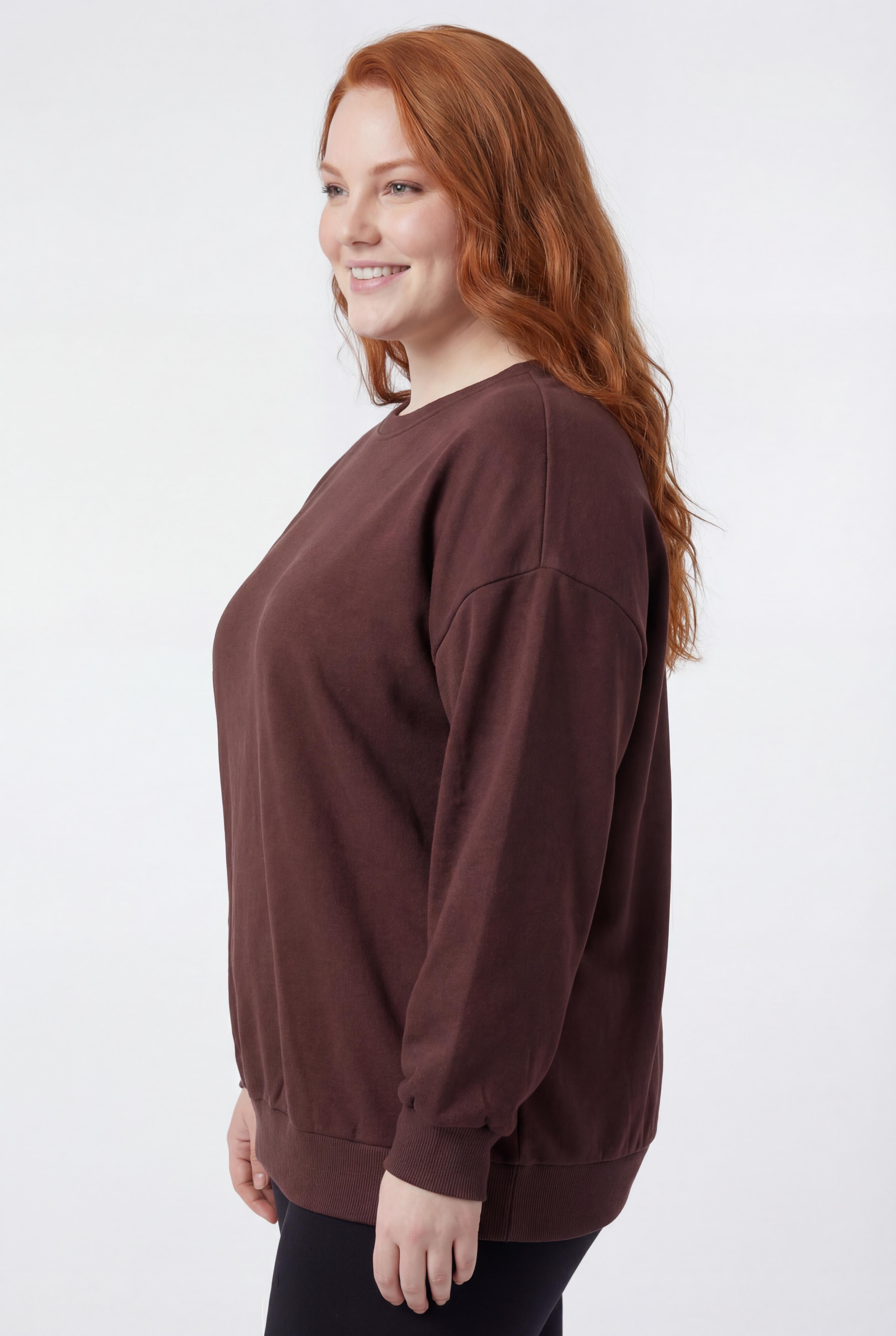 Kadın Büyük Beden Basıc Şardonlu Kahverengi Sweatshirt