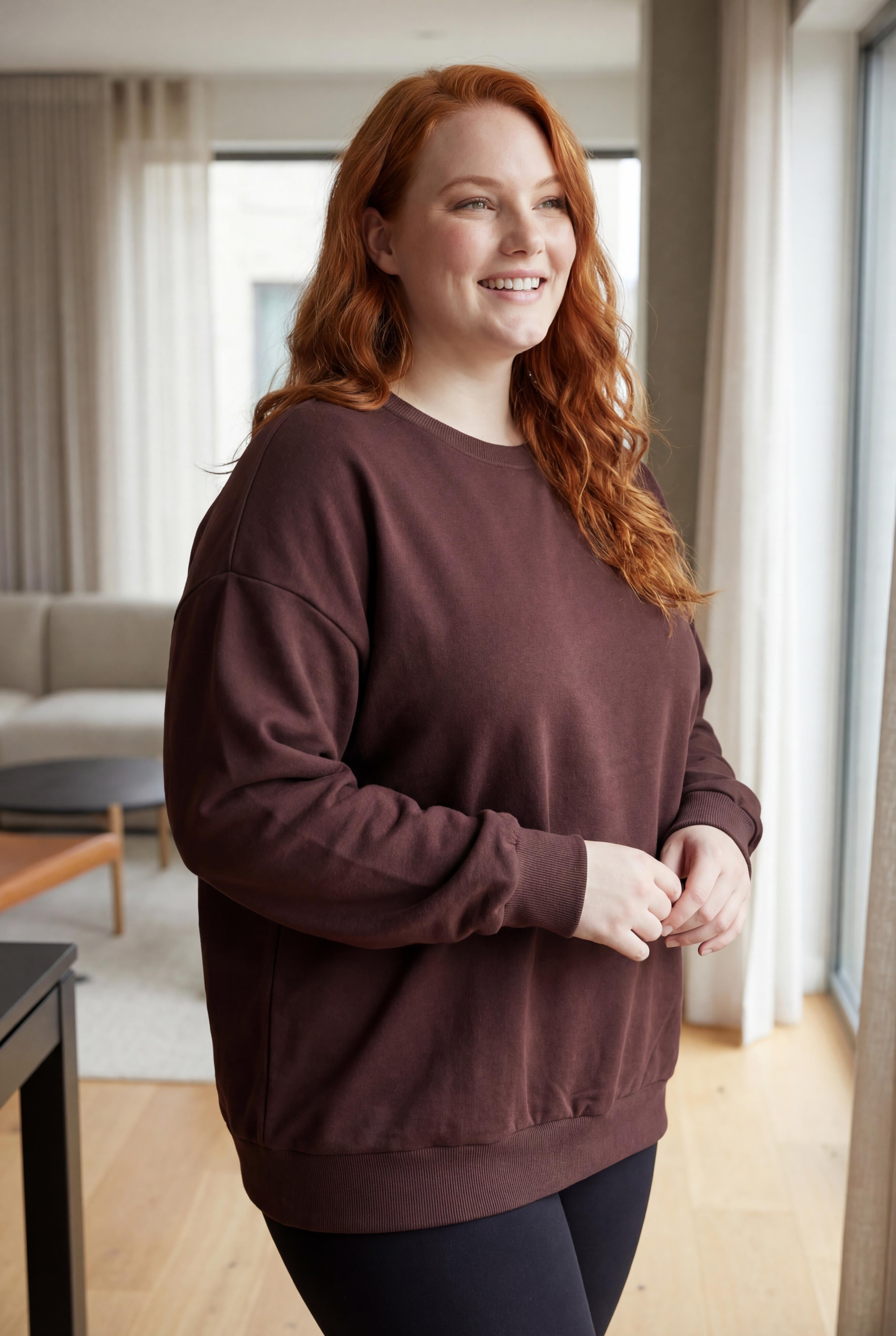 Kadın Büyük Beden Basıc Şardonlu Kahverengi Sweatshirt