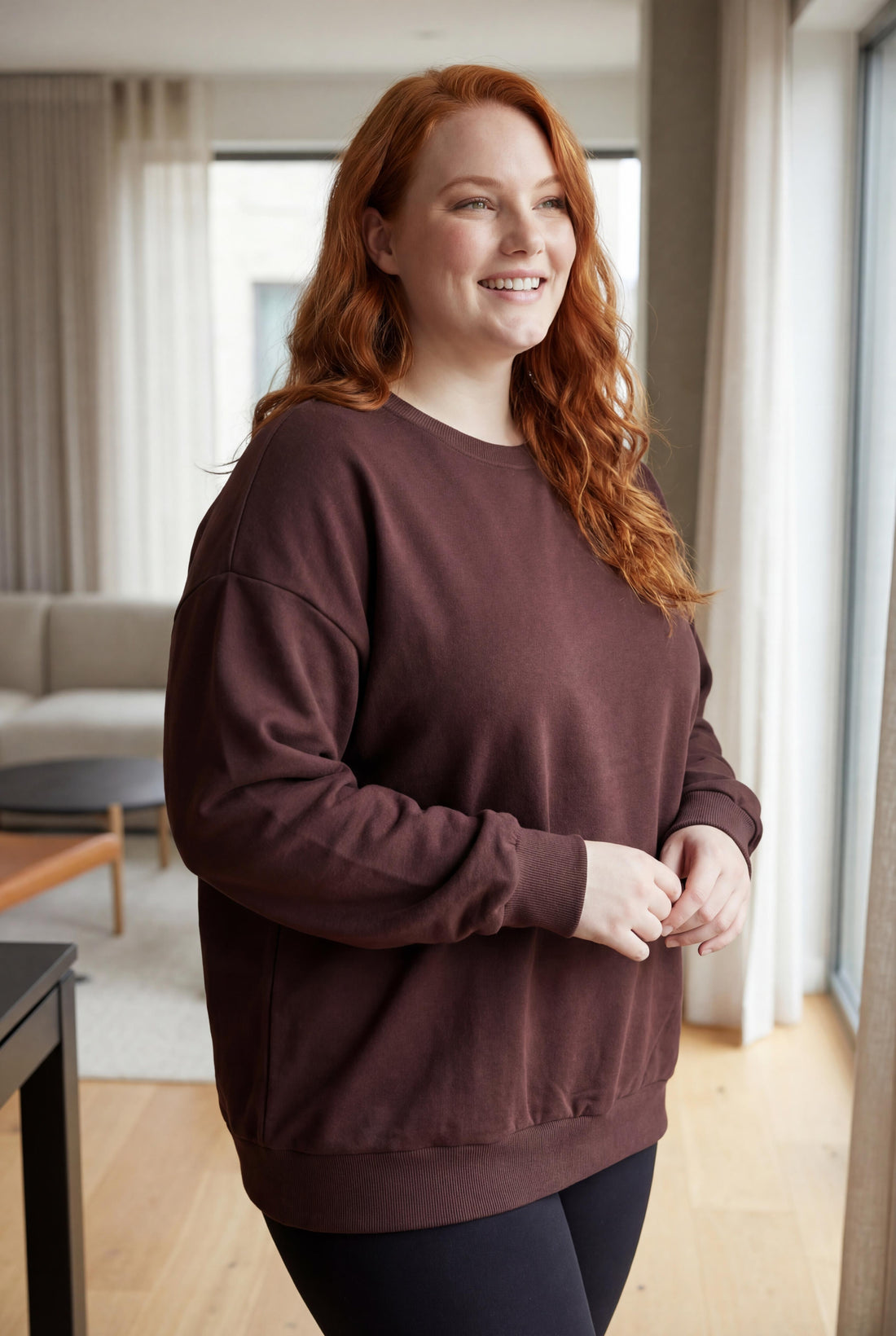 Kadın Büyük Beden Basıc Şardonlu Kahverengi Sweatshirt