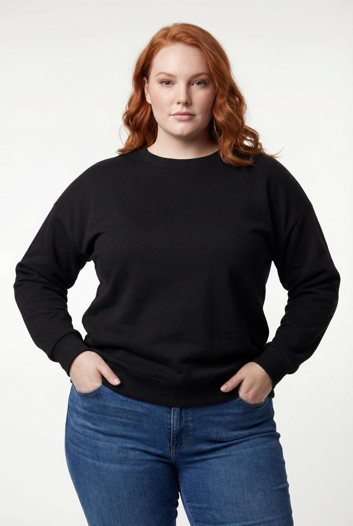 Kadın Büyük Beden Basıc Şardonlu Siyah Sweatshirt