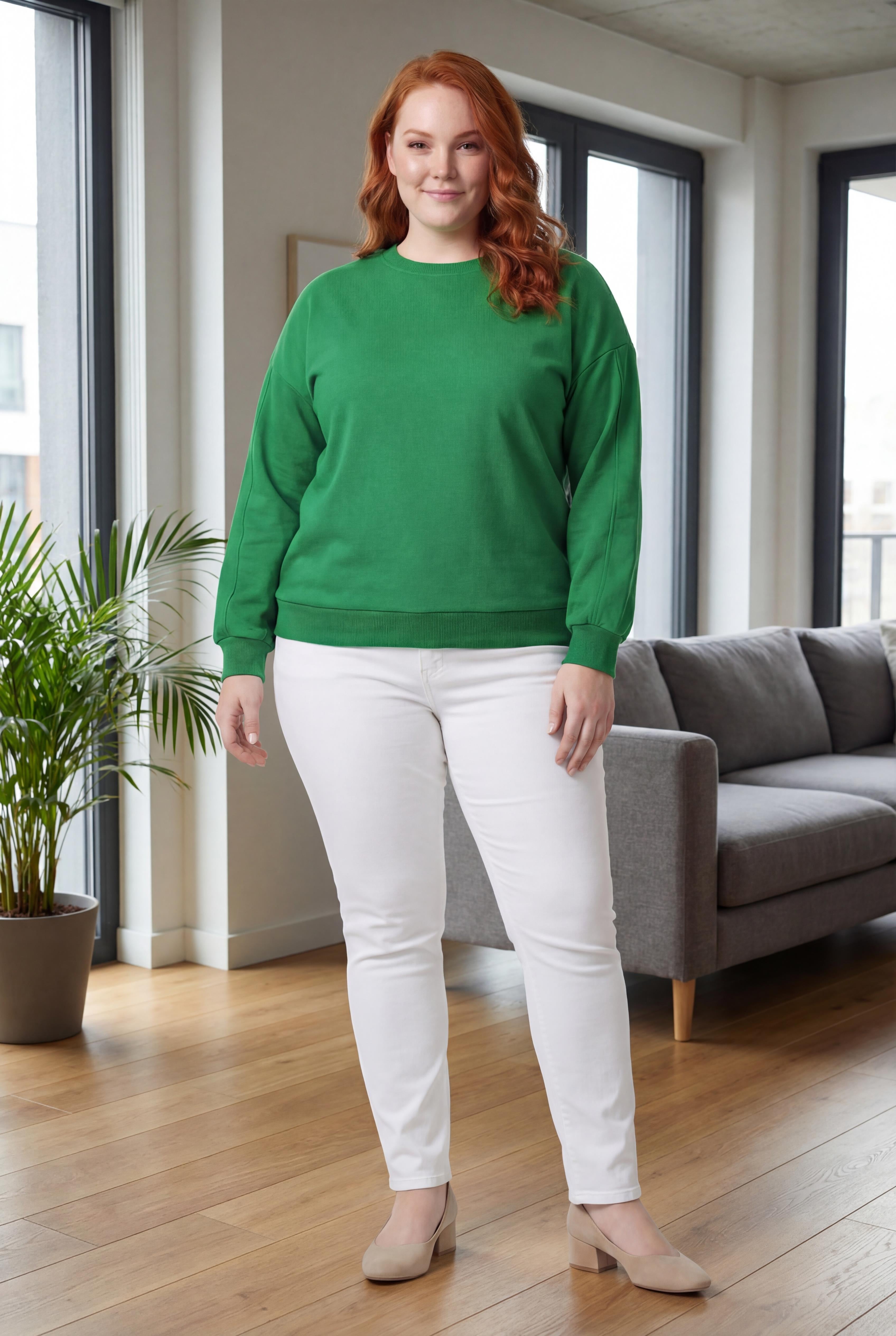 Kadın Büyük Beden Basıc Şardonlu Yeşil Sweatshirt