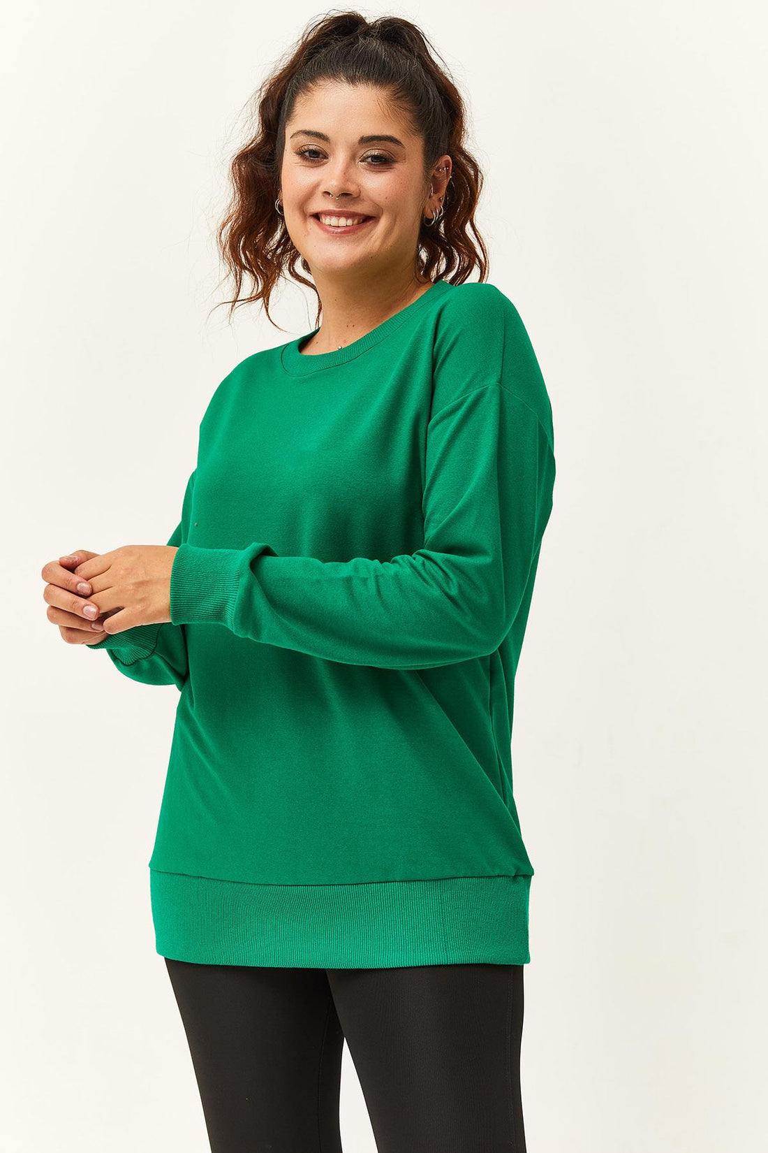 Kadın Büyük Beden Basic Yeşil Sweatshirt