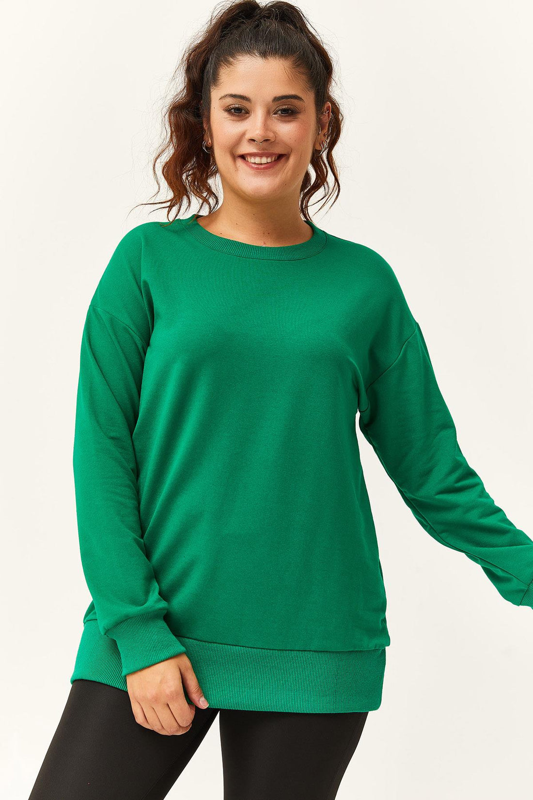 Kadın Büyük Beden Basic Yeşil Sweatshirt