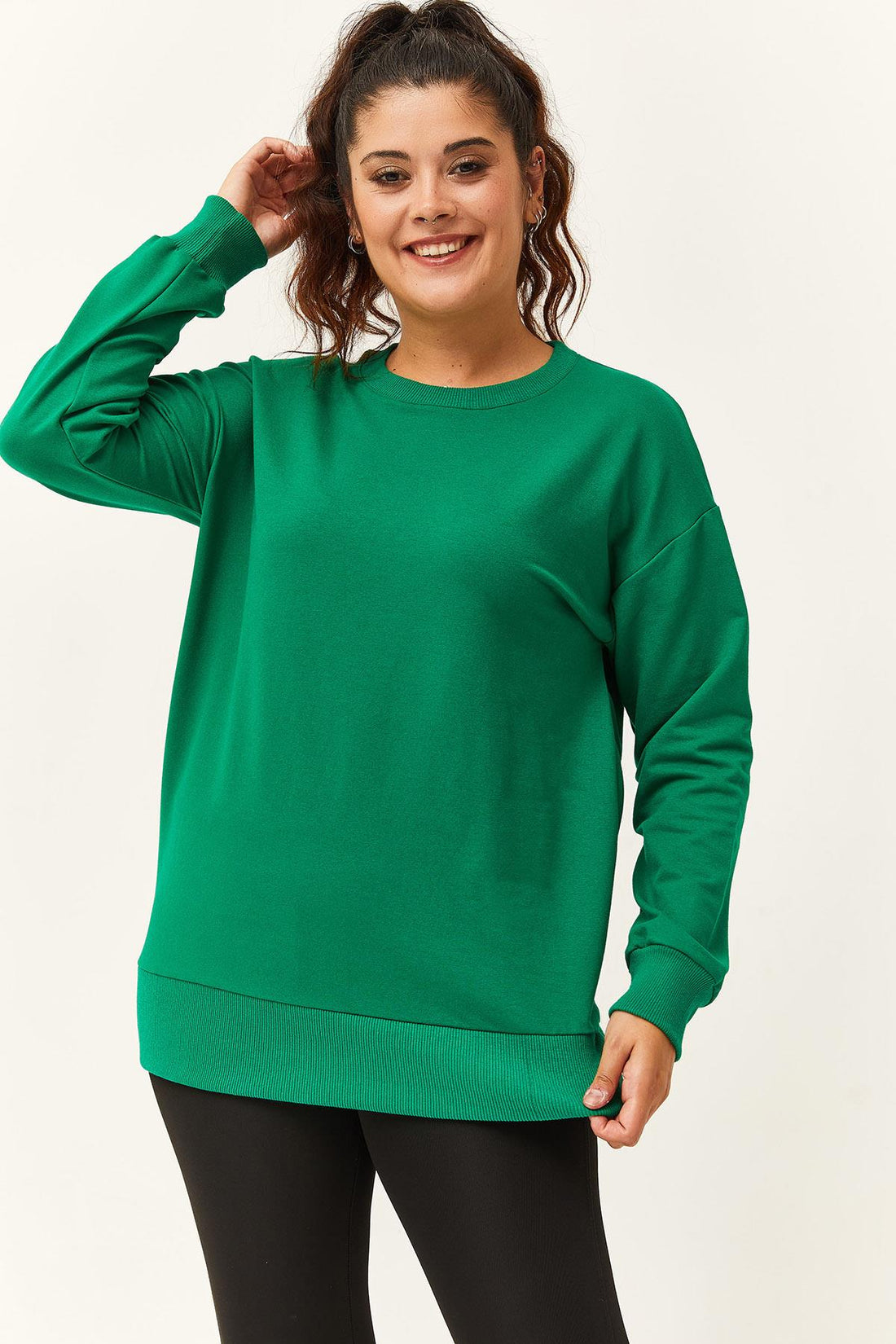 Kadın Büyük Beden Basic Yeşil Sweatshirt