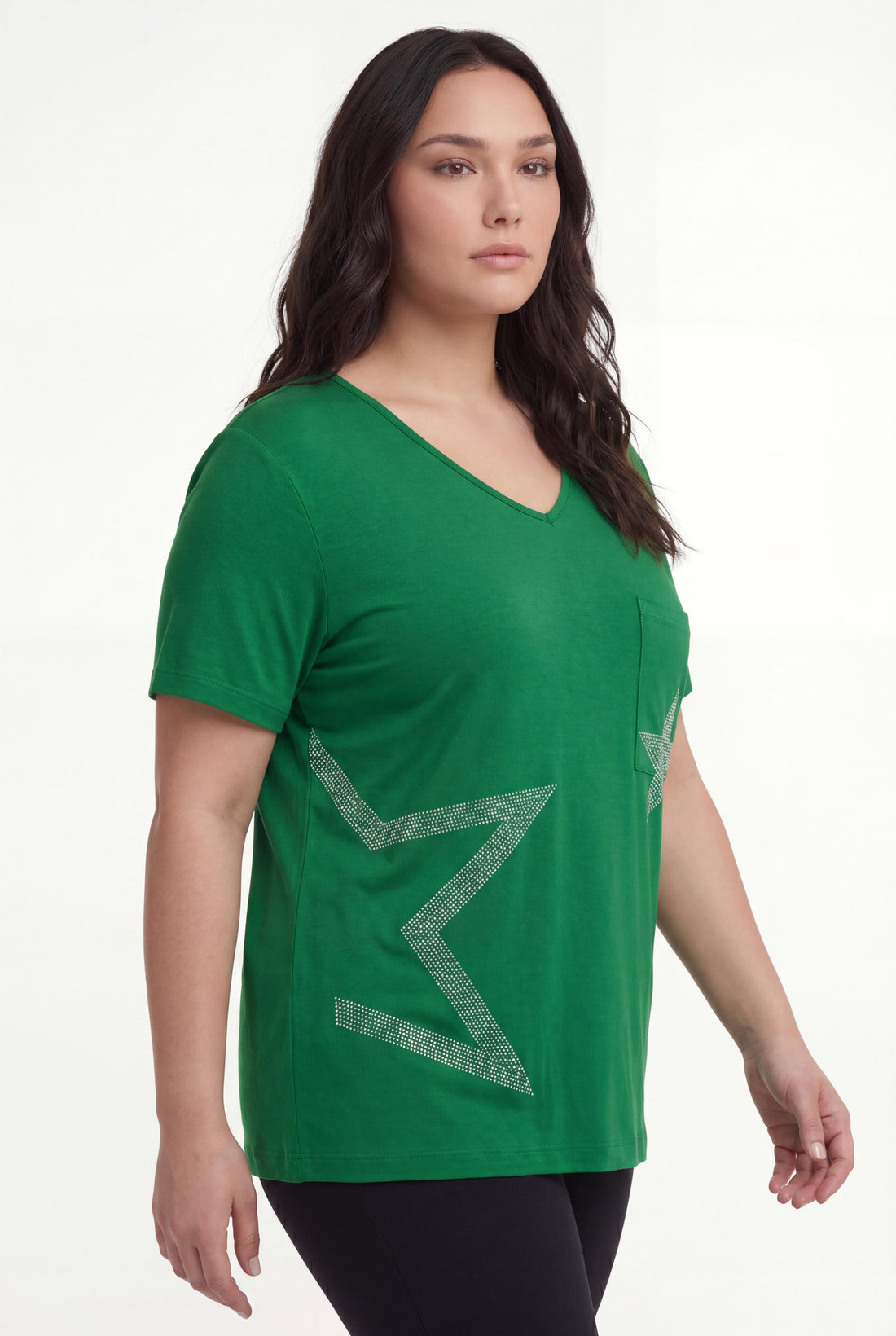 Kadın Büyük Beden Cepli Yıldız Baskılı Ekstra Rahat Yeşil Bluz