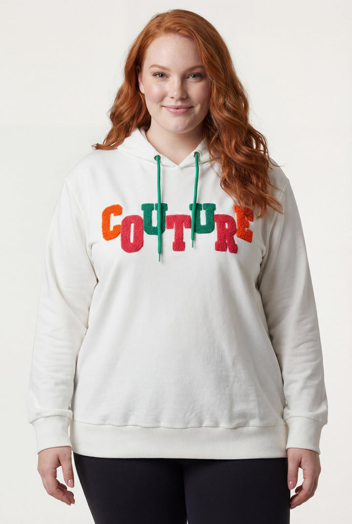 Kadın Büyük Beden Couture Yazılı Beyaz Sweatshirt
