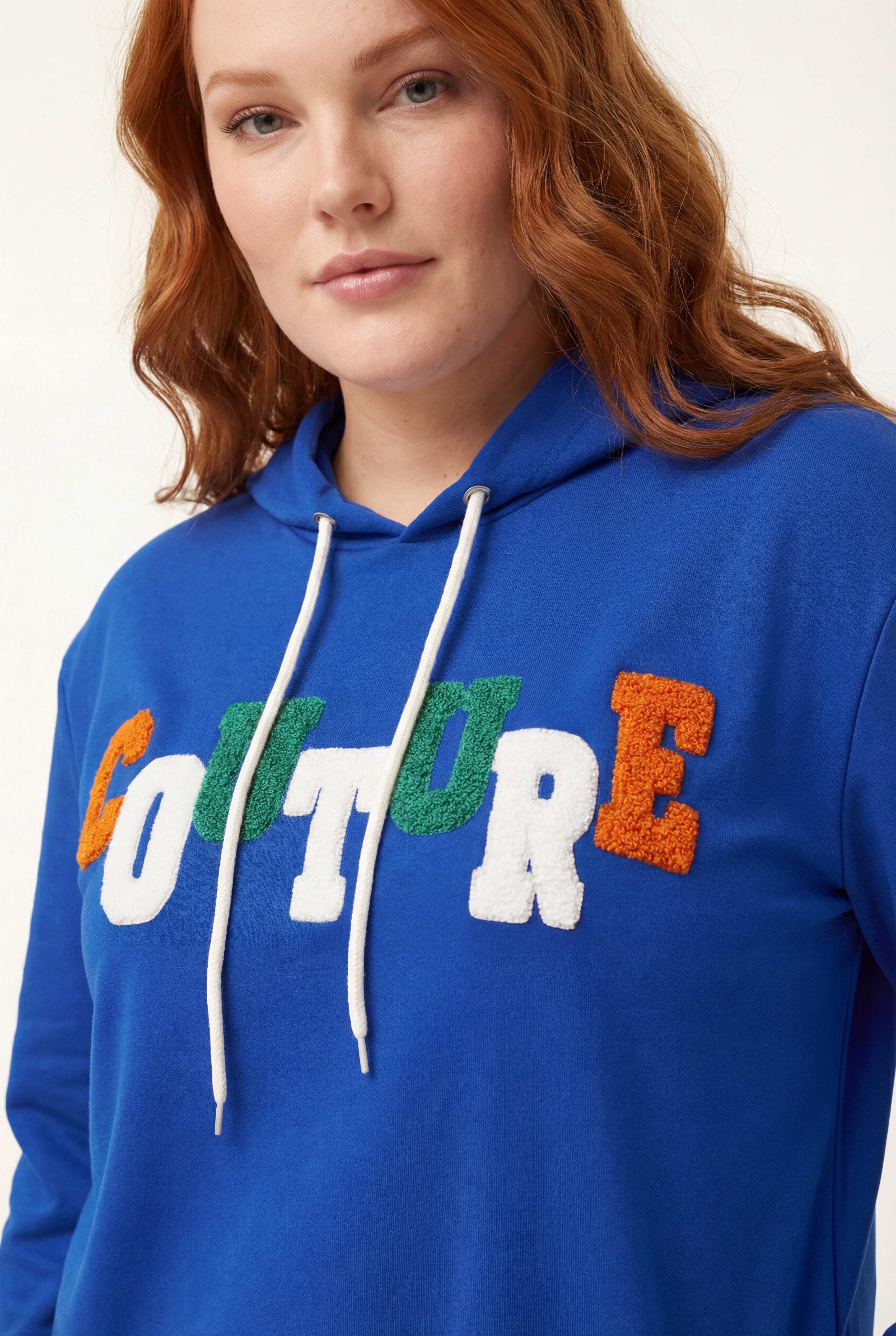 Kadın Büyük Beden Couture Yazılı Mavi Sweatshirt