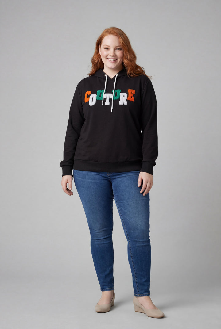 Kadın Büyük Beden Couture Yazılı Siyah Sweatshirt