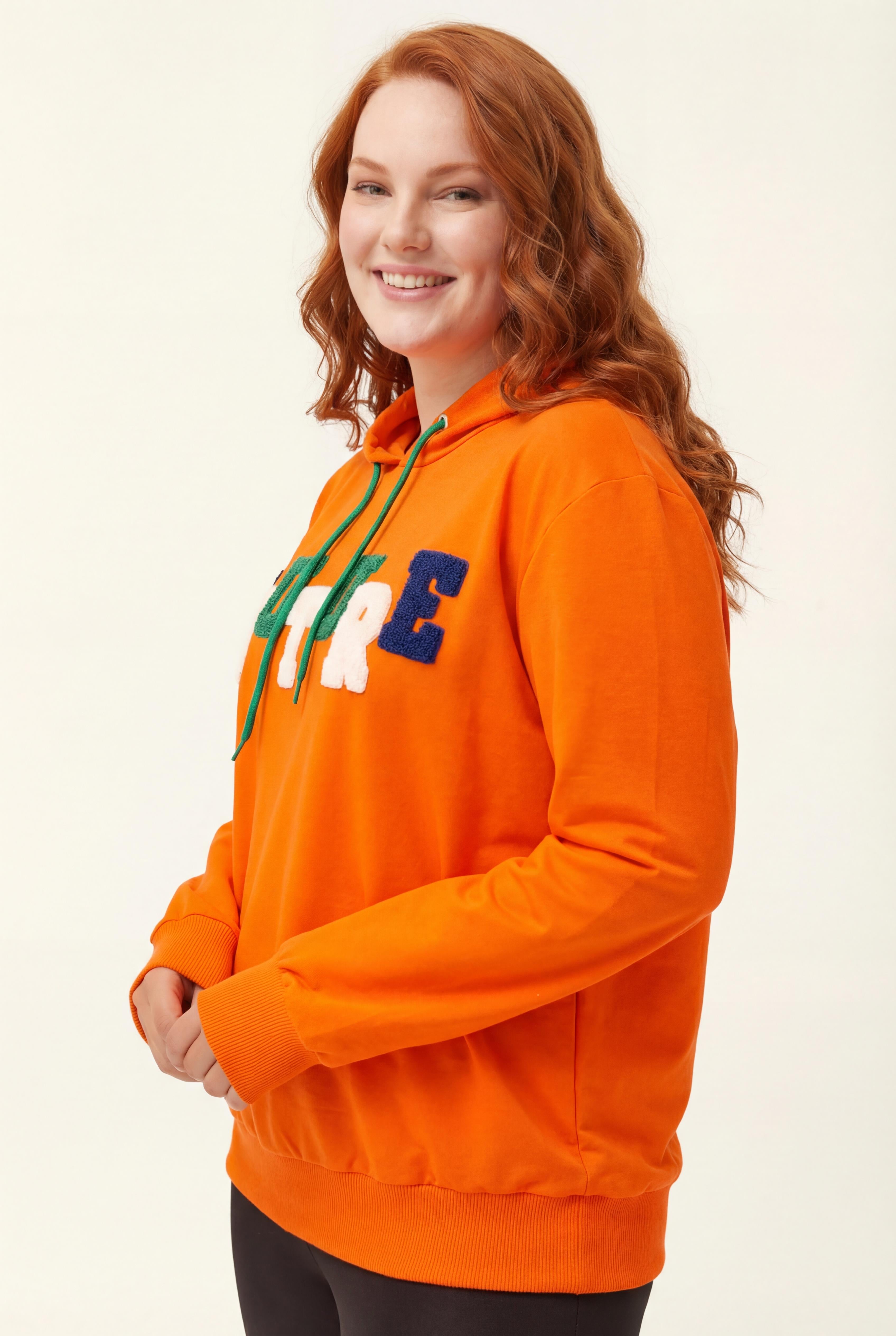 Kadın Büyük Beden Couture Yazılı Turuncu Sweatshirt